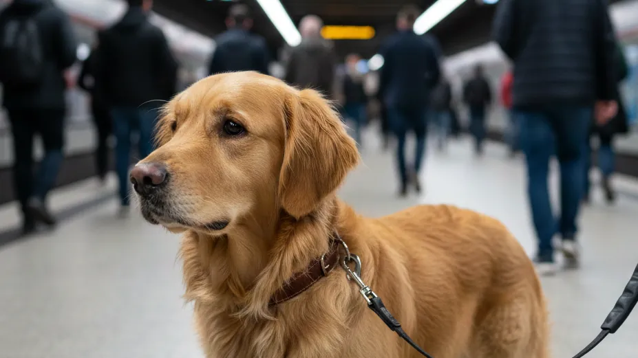 Golden Retriever steht ruhig an der Leine in einer belebten U-Bahn-Station voller Passanten