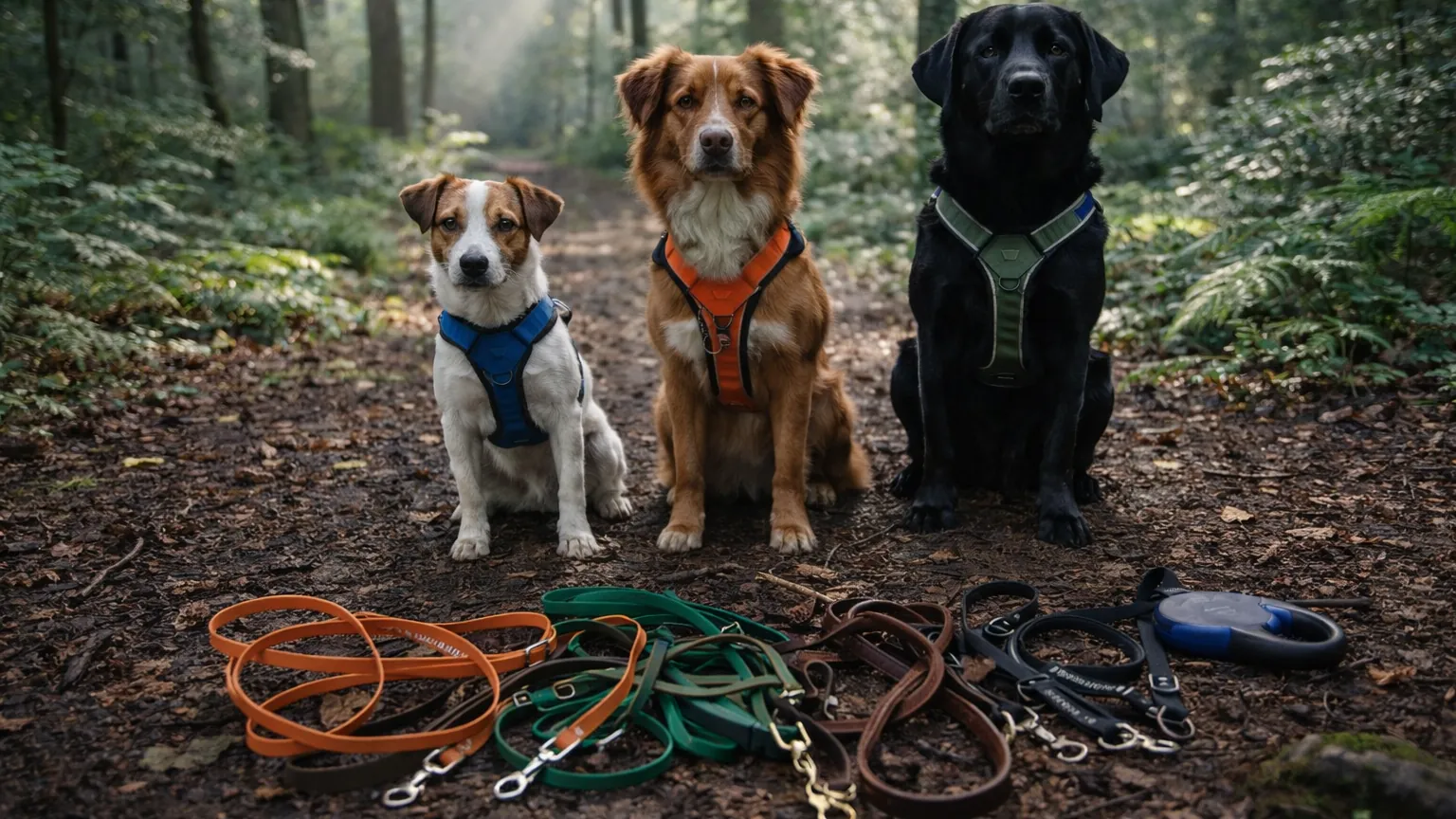 Drei Hunde in blauem, orangem und grünem Geschirr auf einem Waldweg, davor verschiedene Leinen aus Biothane, Leder und eine Flexileine