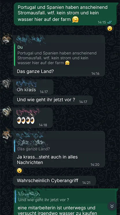 Chatverlauf über den Strom- und Wasserausfall auf der Farm in Portugal, vermutet wird ein Cyberangriff