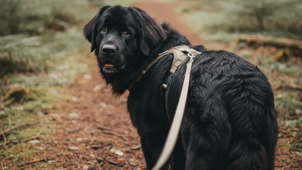 Großer schwarzer Hund im hellen Geschirr steht auf einem Waldweg und blickt über die Schulter zurück