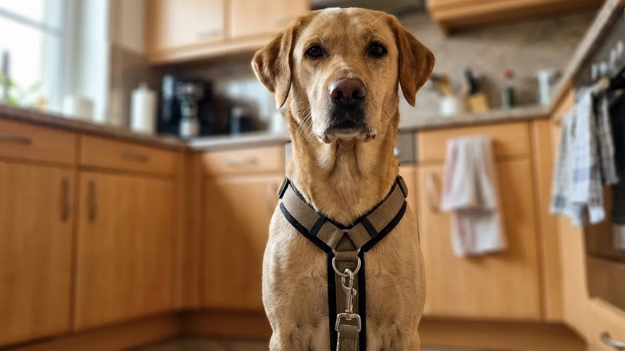 Gelber Labrador sitzt in einer Küche und trägt ein Anti-Zug-Geschirr mit Brustring und Karabiner