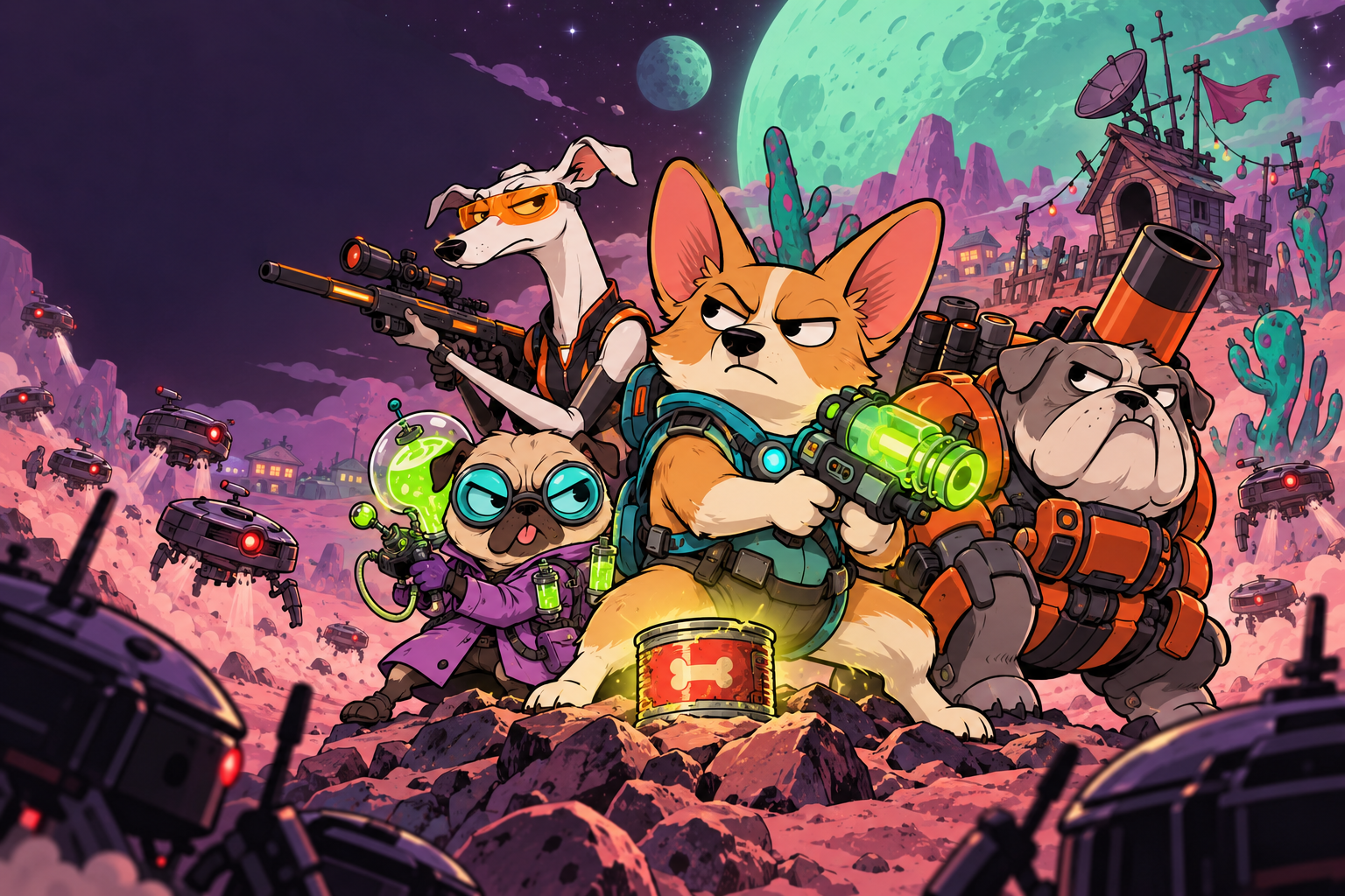 Game illustration: Rex, Laika, Mops and Brutus in front of an alien doghouse.