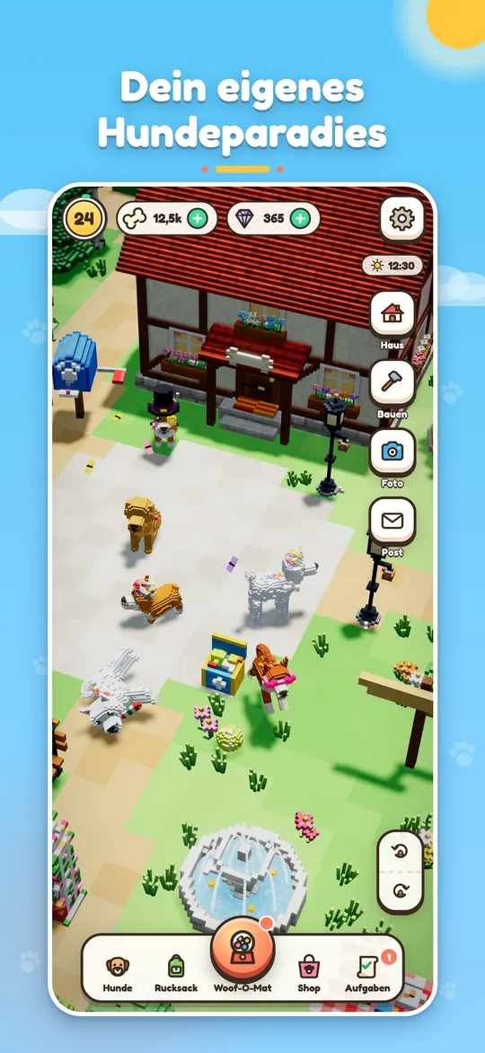 Deine Insel mit Bellos Haus, dem Woof-O-Mat und spielenden Hunden