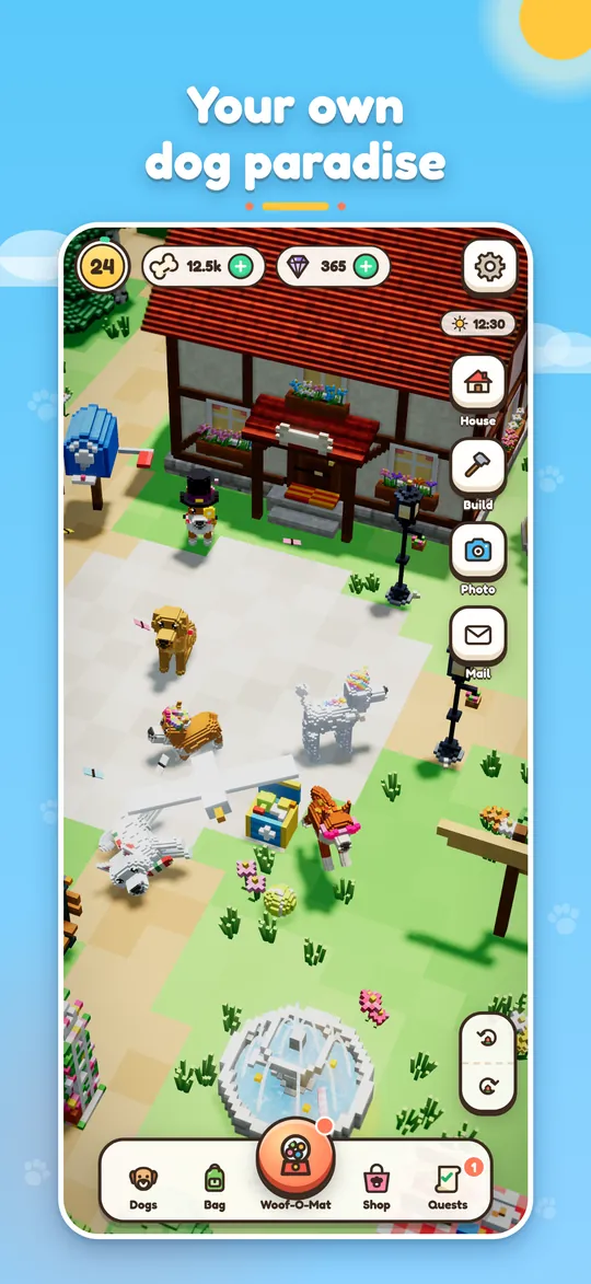 Your island with Bello's house, the Woof-O-Mat and playing dogs
